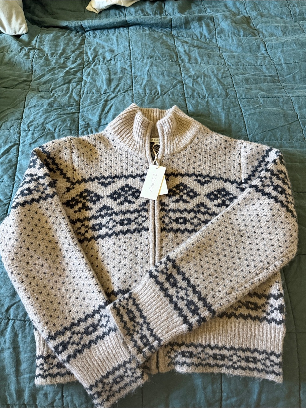 Cozy Zip-Front Fair Isle Z Supply Sweater - Cream & Black